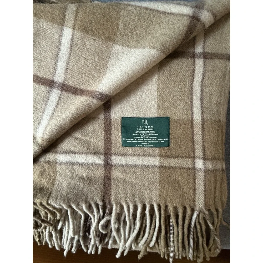 Lauren Ralph Lauren Vintage Wool Blanket Brown Plaid Fringe Camp Cabin 51